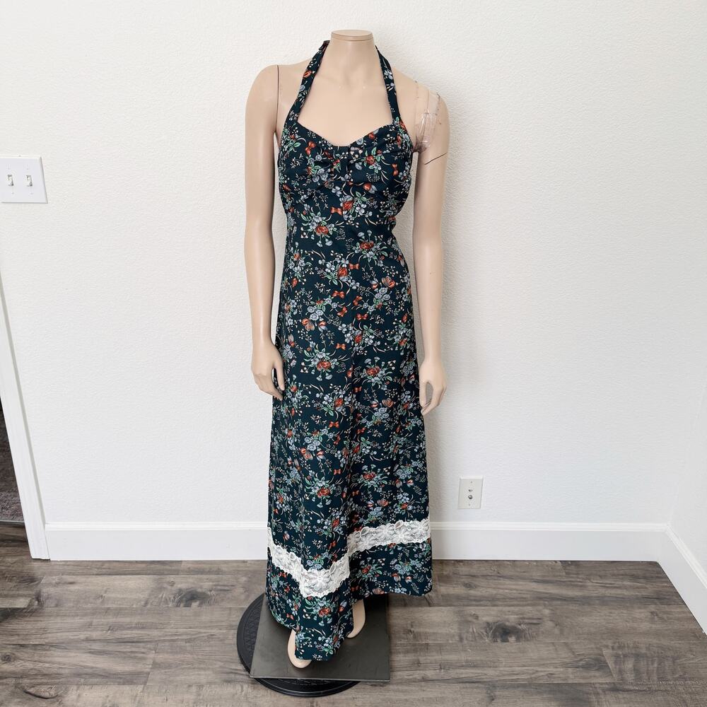 [Vintage] 70s Green Floral Sleeveless Halter Neck Boho Maxi Dress Size Medium M